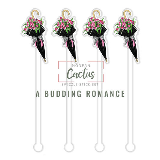 A Budding Romance acrylic swizzle stick design displayed as a digital mockup