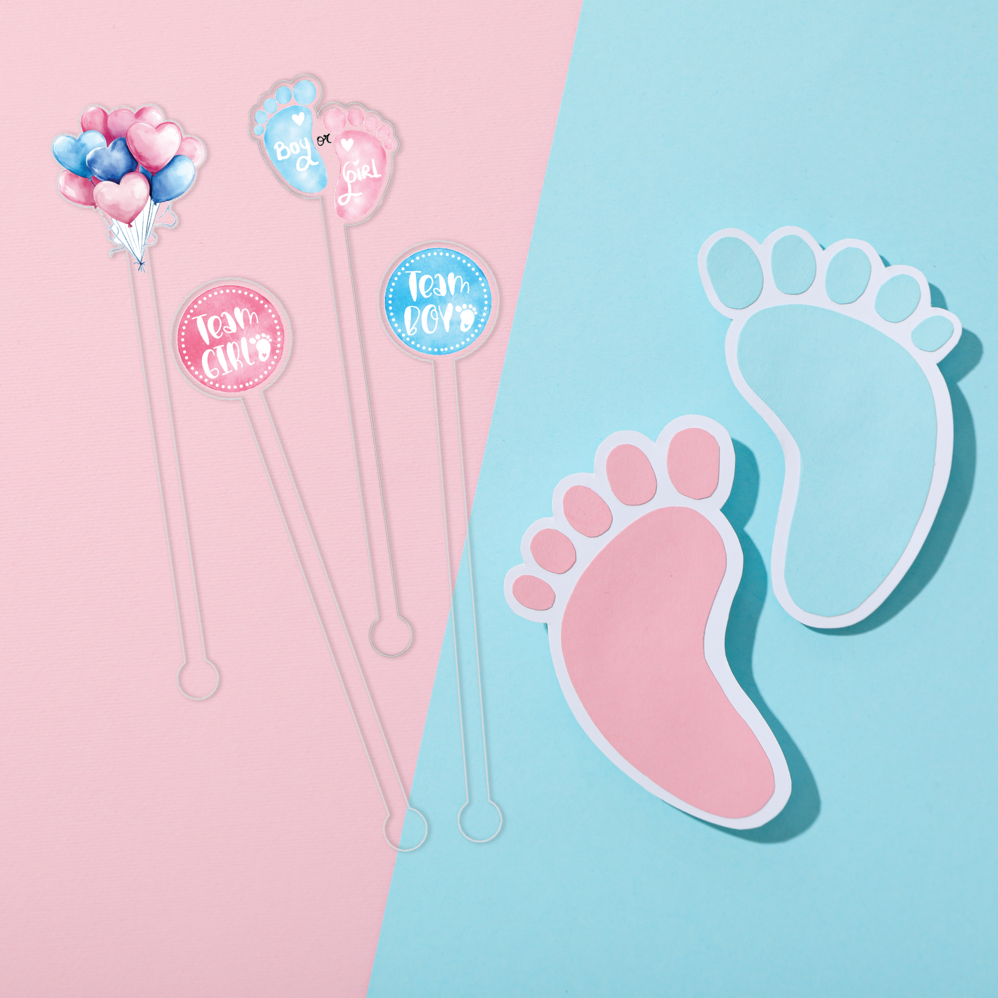 Boy Or Girl Meets World swizzle stick set styled for a gender reveal celebration