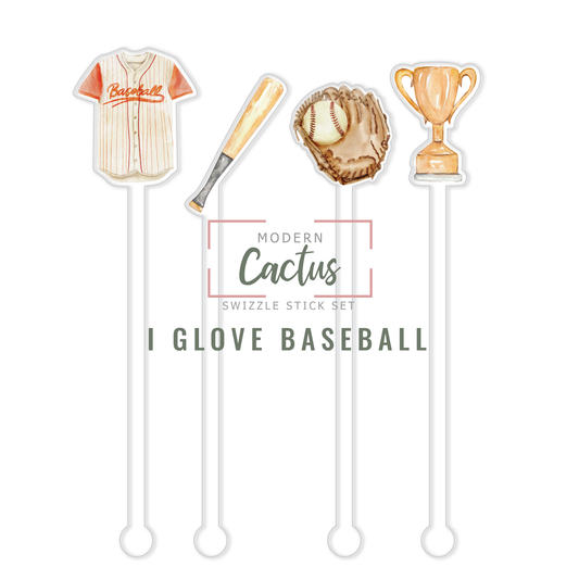 I Glove Baseball acrylic swizzle stick design displayed as a digital mockup