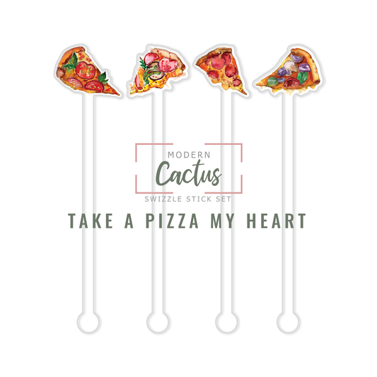 Take a Pizza My Heart acrylic swizzle stick design displayed as a digital mockup