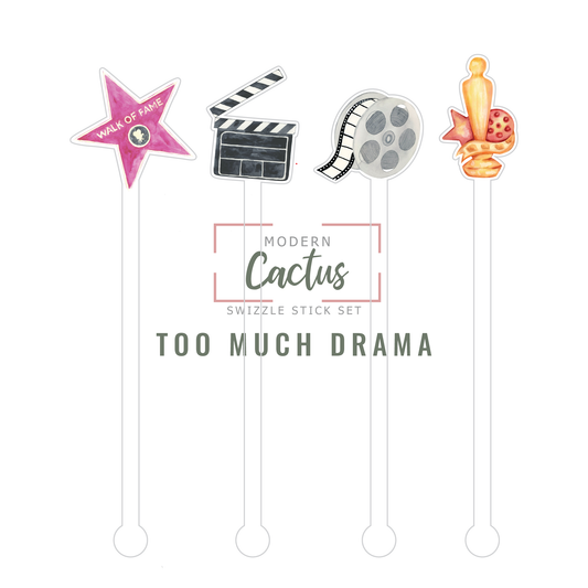Too Much Drama acrylic swizzle stick design displayed as a digital mockup