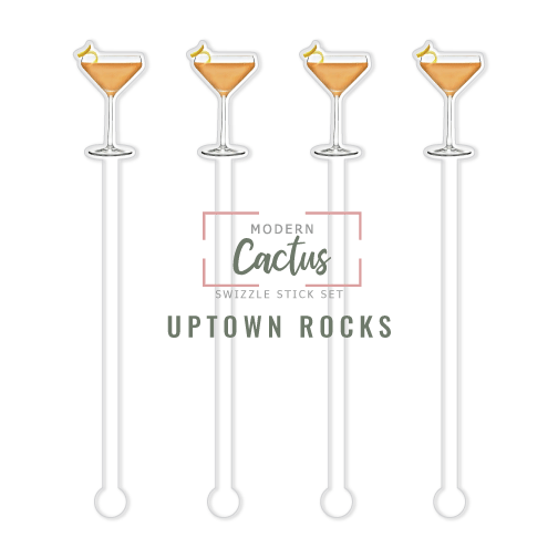 Uptown Rocks swizzle stick set digital mockup UV printed drink stirrers design preview.