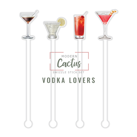 Vodka Lovers swizzle stick set digital mockup UV printed drink stirrers design preview.