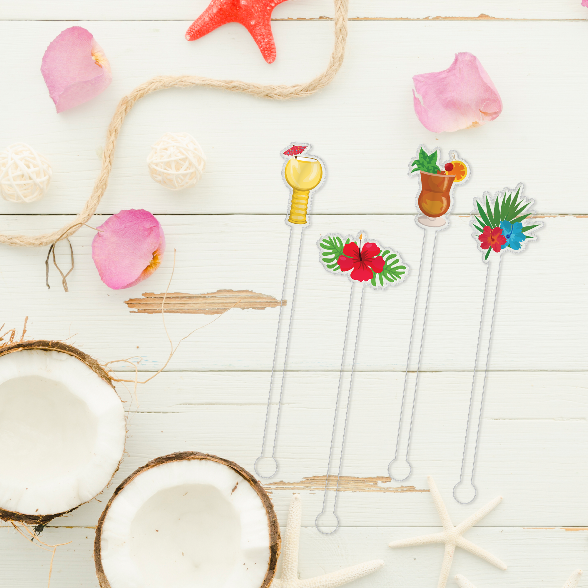 You Had Me at Aloha swizzle stick set styled for a pool party celebration