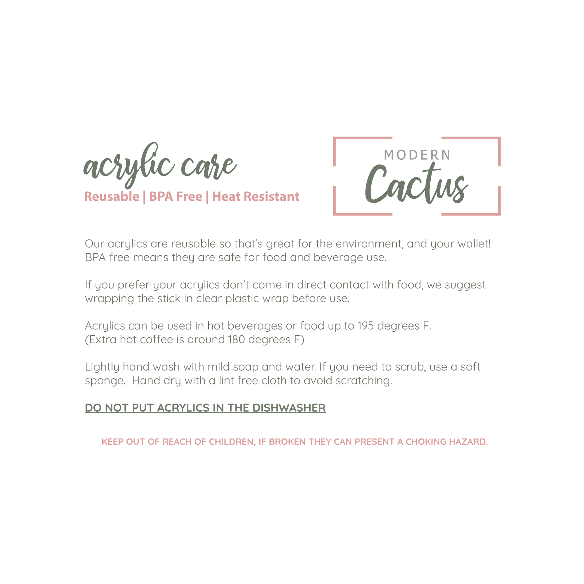 Care instructions for reusable acrylic swizzle sticks including cleaning and handling guidance