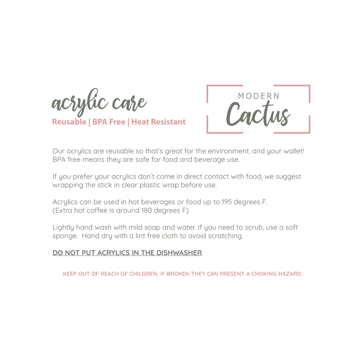 Care instructions for reusable acrylic swizzle sticks including cleaning and handling guidance