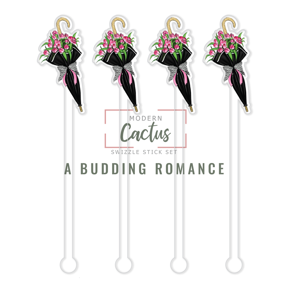 A Budding Romance acrylic swizzle stick design displayed as a digital mockup