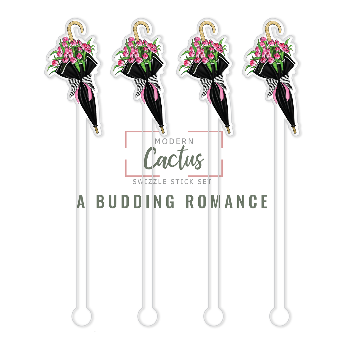 A Budding Romance acrylic swizzle stick design displayed as a digital mockup