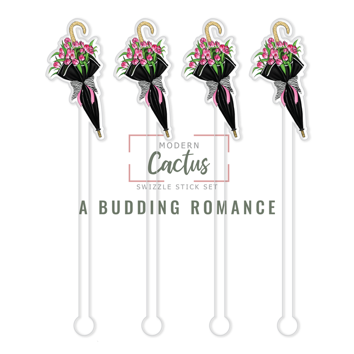 A Budding Romance acrylic swizzle stick design displayed as a digital mockup