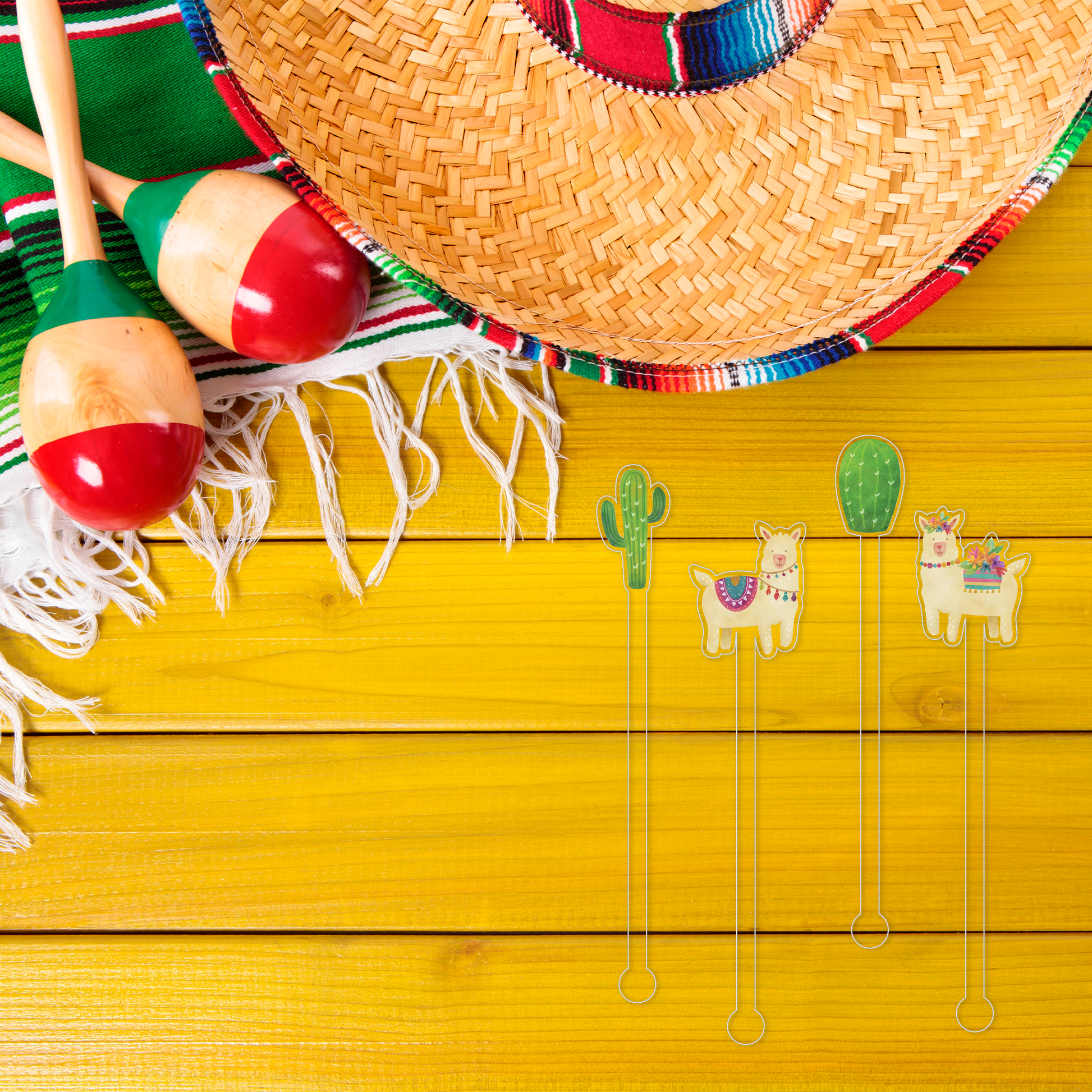 A Whole Llama Fun swizzle stick set styled for a kids birthday celebration
