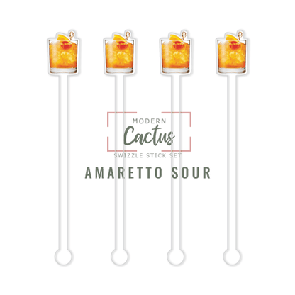 Amaretto Sour swizzle stick set digital mockup UV printed drink stirrers design preview.
