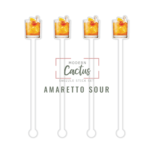 Amaretto Sour swizzle stick set digital mockup UV printed drink stirrers design preview.