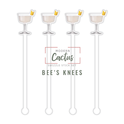 Bee's Knees swizzle stick set digital mockup UV printed drink stirrers design preview.
