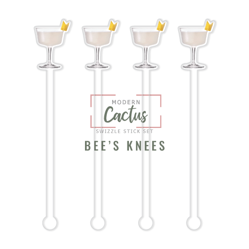 Bee's Knees swizzle stick set digital mockup UV printed drink stirrers design preview.