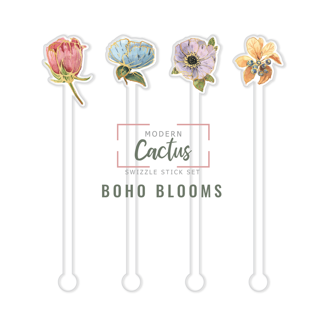 Boho Blooms acrylic swizzle stick design displayed as a digital mockup