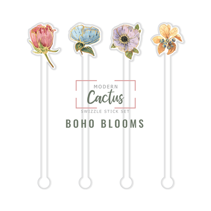 Boho Blooms acrylic swizzle stick design displayed as a digital mockup