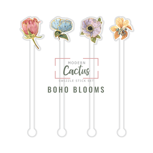 Boho Blooms acrylic swizzle stick design displayed as a digital mockup