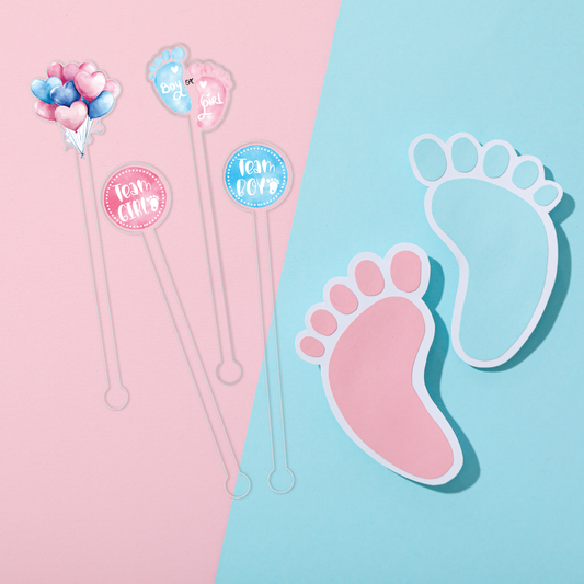 Boy Or Girl Meets World swizzle stick set styled for a gender reveal celebration