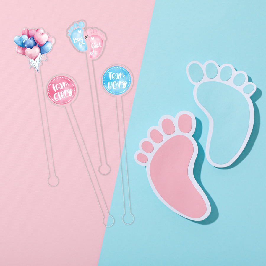Boy Or Girl Meets World swizzle stick set styled for a gender reveal celebration