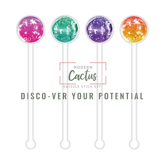 Disco-ver Your Potential acrylic swizzle stick design displayed as a digital mockup