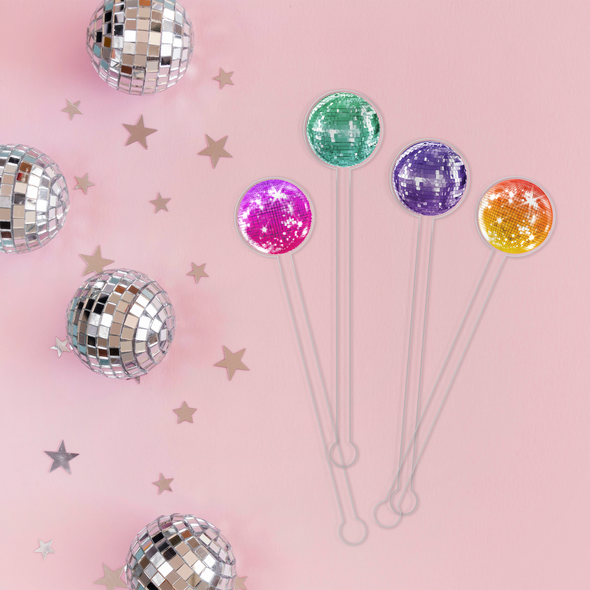 Disco-ver Your Potential swizzle stick set styled for a 21st birthday celebration