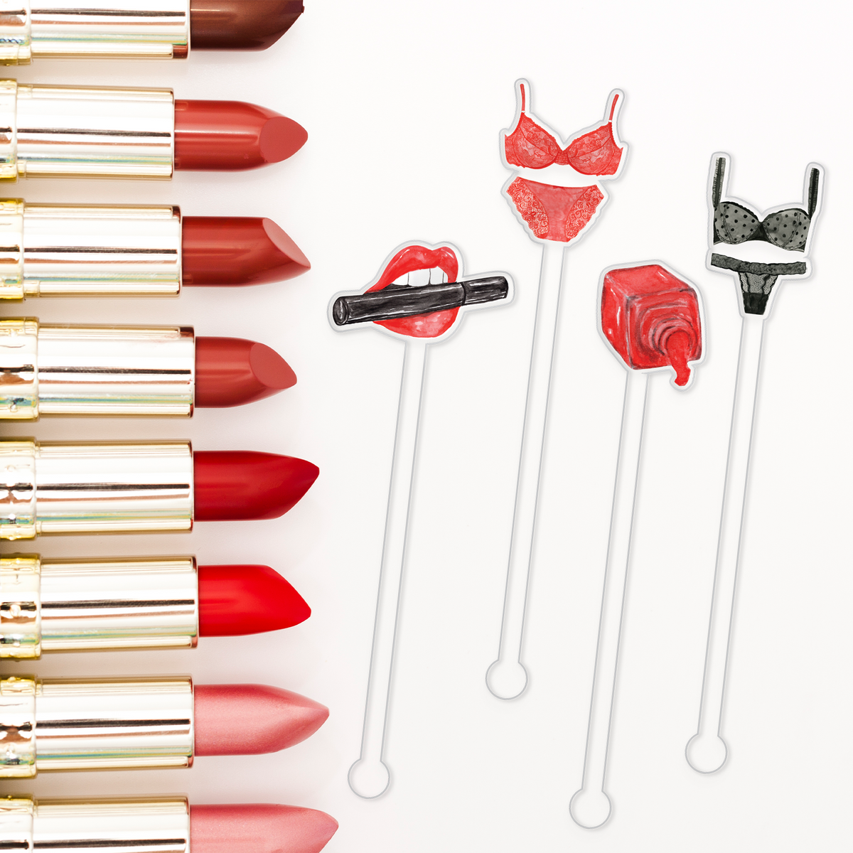 Don't Give Me Any Lip! swizzle stick set styled for a bachelorette celebration