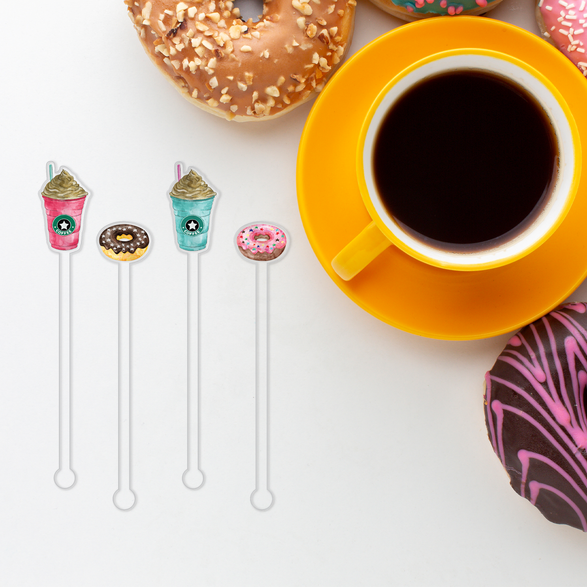 Donut Worry Be Frappe swizzle stick set styled for a birthday celebration