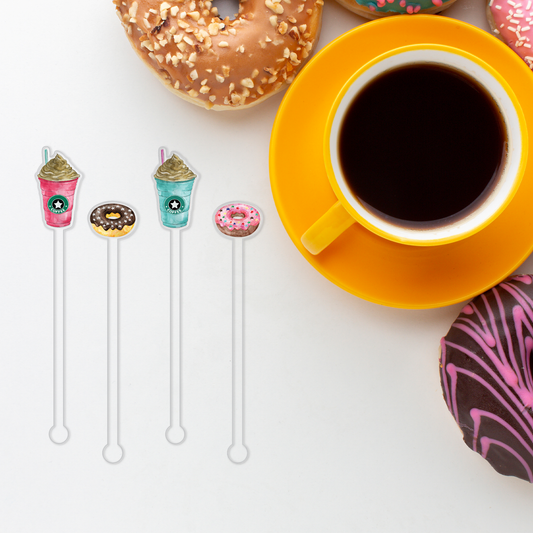 Donut Worry Be Frappe swizzle stick set styled for a birthday celebration