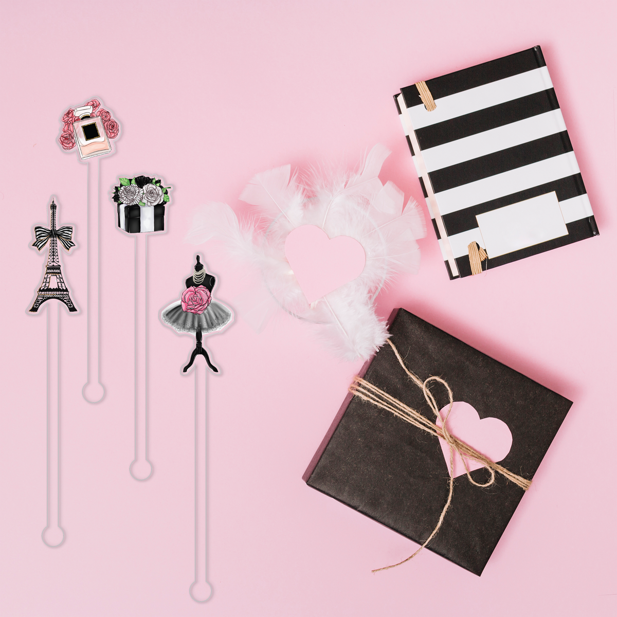 Eiffel For You swizzle stick set styled for a 30th birthday celebration