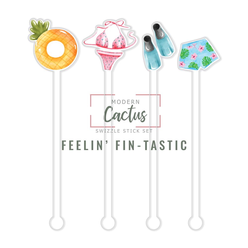 Feelin' Fin-Tastic acrylic swizzle stick design displayed as a digital mockup