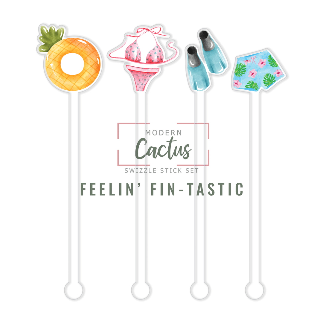 Feelin' Fin-Tastic acrylic swizzle stick design displayed as a digital mockup