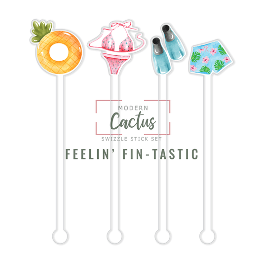 Feelin' Fin-Tastic acrylic swizzle stick design displayed as a digital mockup