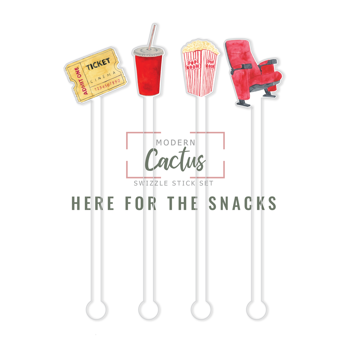 Here For The Snacks acrylic swizzle stick design displayed as a digital mockup