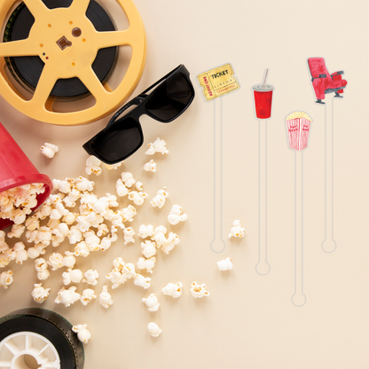 Here For The Snacks swizzle stick set styled for a movie night celebration