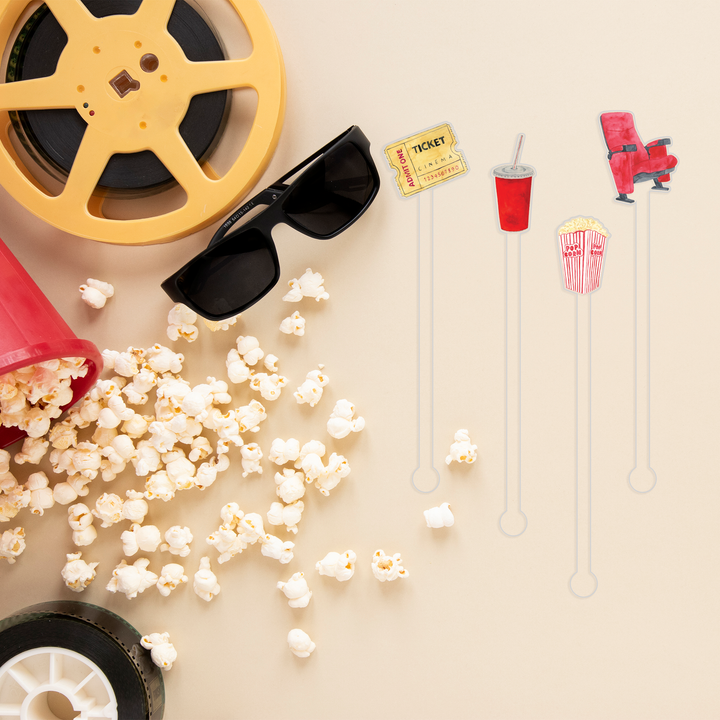 Here For The Snacks swizzle stick set styled for a movie night celebration