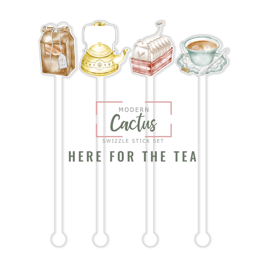 Here For The Tea acrylic swizzle stick design displayed as a digital mockup