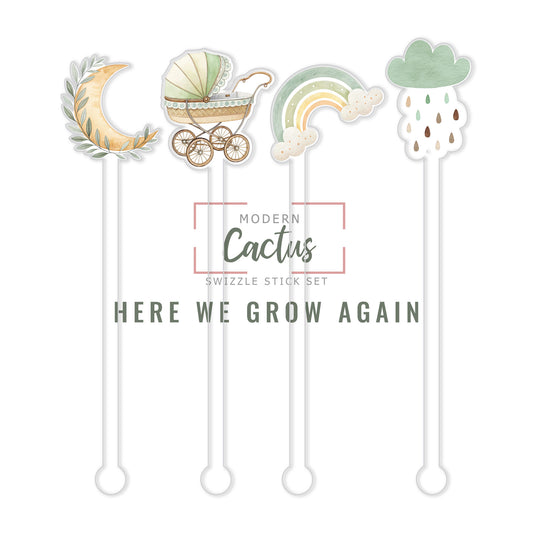Here We Grow Again acrylic swizzle stick design displayed as a digital mockup