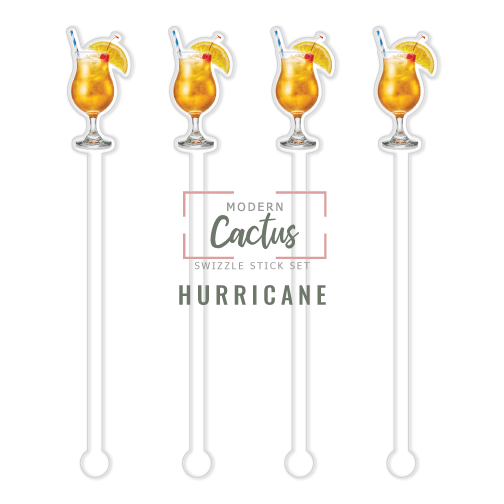 Hurricane swizzle stick set digital mockup UV printed drink stirrers design preview.