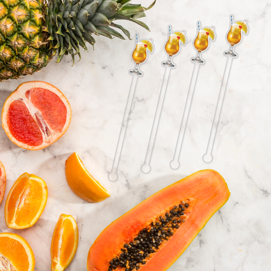 Hurricane swizzle stick set in styled cocktail drink on home bar or entertaining setup.