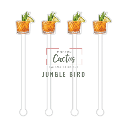 Jungle Bird swizzle stick set digital mockup UV printed drink stirrers design preview.