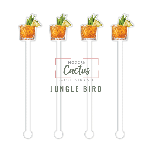Jungle Bird swizzle stick set digital mockup UV printed drink stirrers design preview.