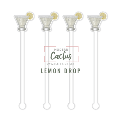 Lemon Drop swizzle stick set digital mockup UV printed drink stirrers design preview.
