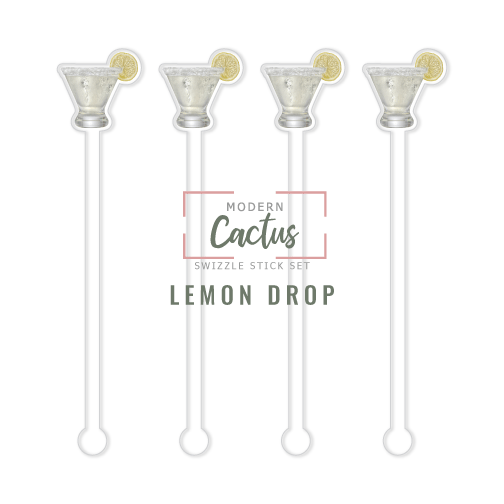 Lemon Drop swizzle stick set digital mockup UV printed drink stirrers design preview.
