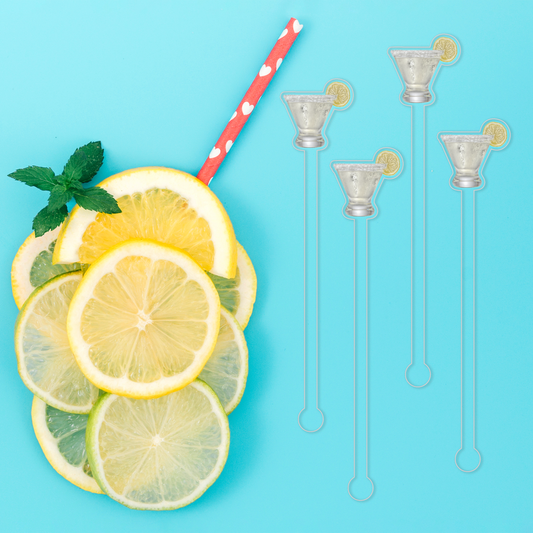 Lemon Drop swizzle stick set in styled cocktail drink on home bar or entertaining setup.