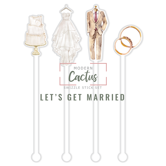 Let's Get Married acrylic swizzle stick design displayed as a digital mockup