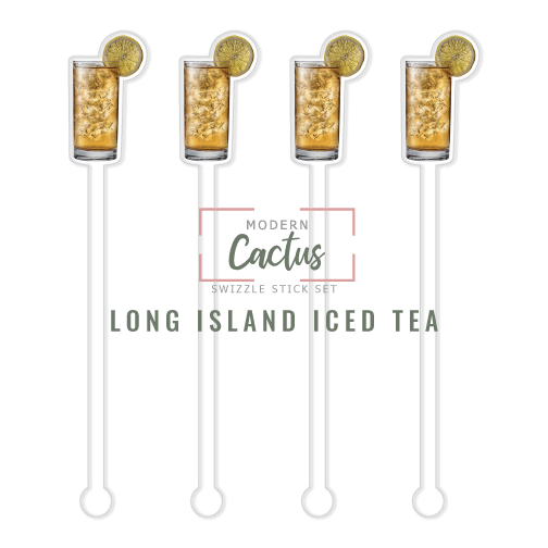 Long Island Iced Tea swizzle stick set digital mockup UV printed drink stirrers design preview.