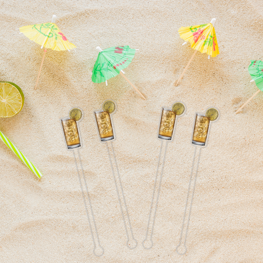 Long Island Iced Tea swizzle stick set in styled cocktail drink on home bar or entertaining setup.