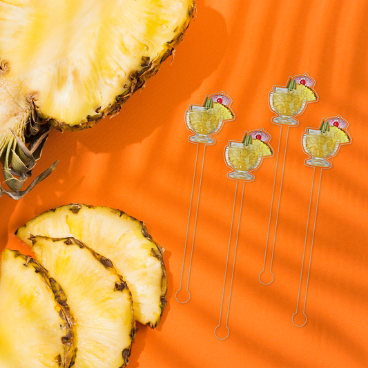 Mai Tai swizzle stick set in styled cocktail drink on home bar or entertaining setup.