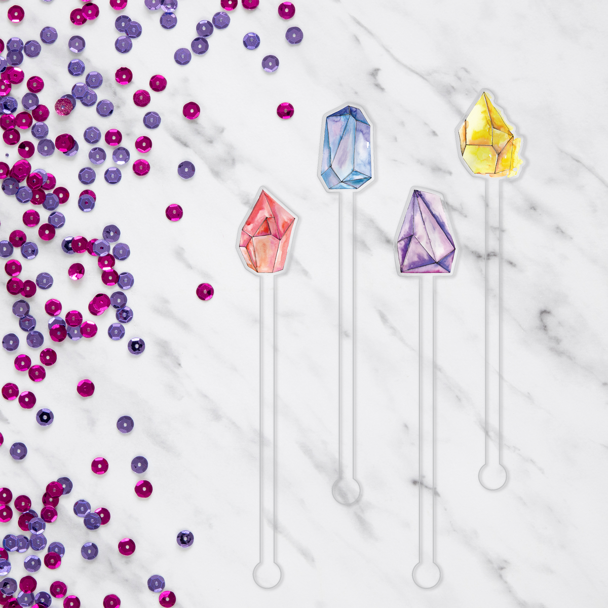 Of Quartz I Love Crystals swizzle stick set styled for a birthday celebration
