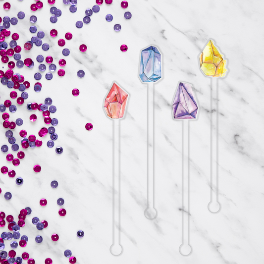 Of Quartz I Love Crystals swizzle stick set styled for a birthday celebration
